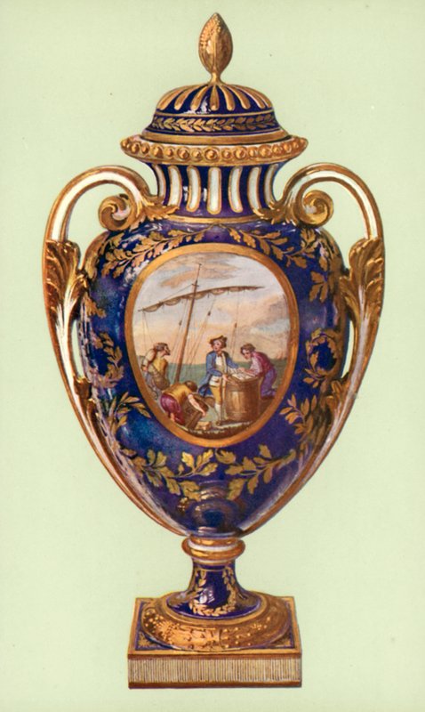 Vase, Sevres, bleu de roi, gitt av Gustavus III til Catherine II (farge litho) av William Gibb