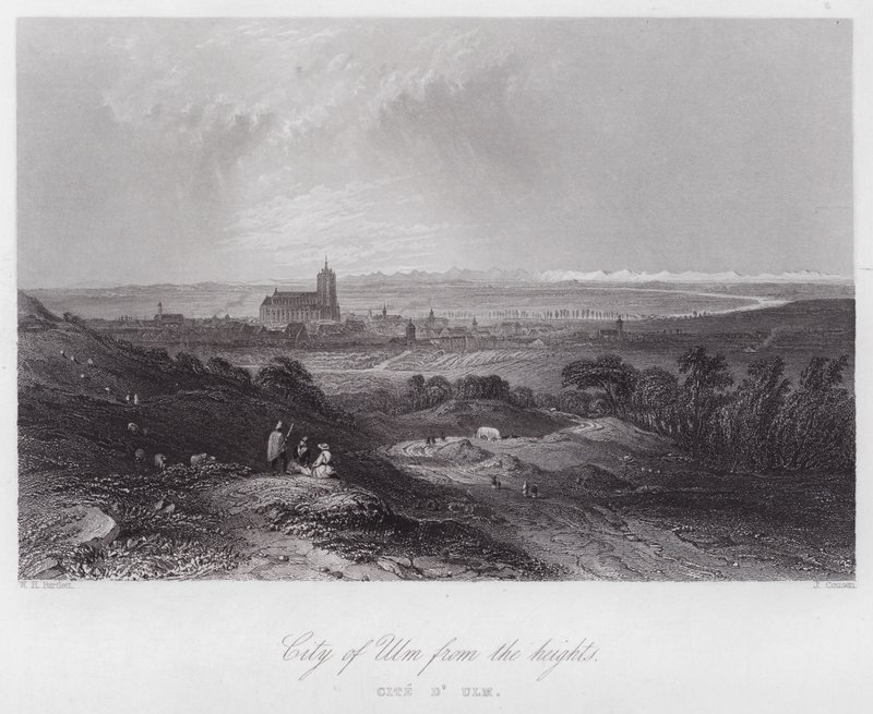 Byen Ulm fra høyden (gravering) av William H. Bartlett