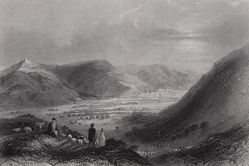 Mount Gerizim og Vale of Nablous, fra Mount Ebal (gravering) av William H. Bartlett