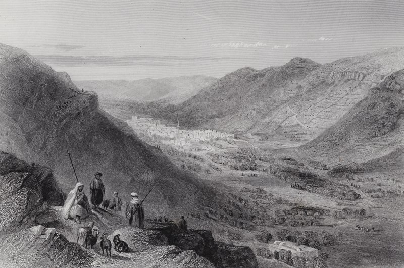 Valley of Sichem og Nablous, antikkens Sikem (gravering) av William H. Bartlett