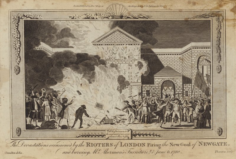 Ødeleggelsene forårsaket av at opprørerne i London avfyrte den nye fengselet i Newgate av William Hamilton