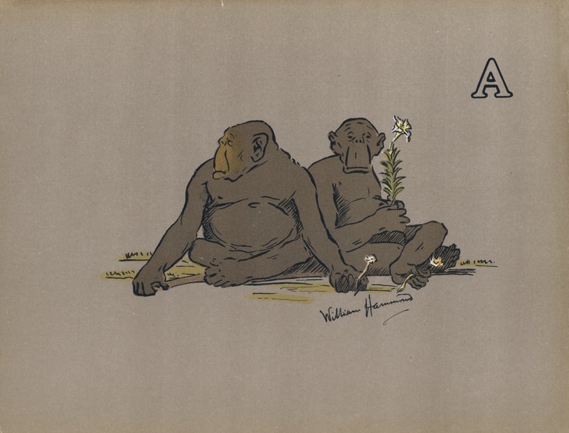 Bokstav A, Estetiske antropoide aper som inntar unormalt apatiske holdninger (farge litho) av William Hammond