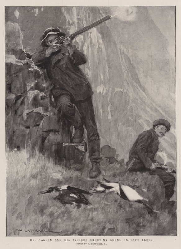 Dr. Nansen og Mr. Jackson skyter Loons på Cape Flora av William Hatherell