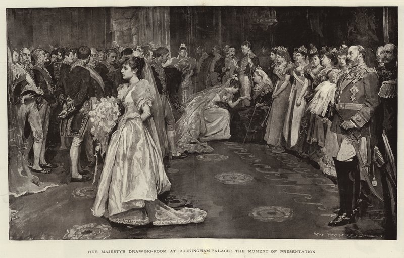 Hennes Majestets salong i Buckingham Palace, presentasjonsøyeblikket av William Hatherell