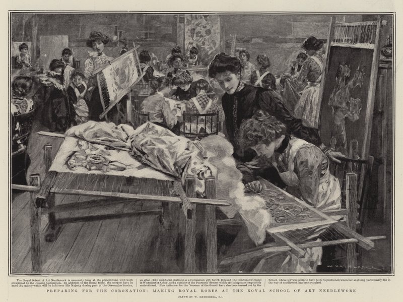 Forbereder seg til kroningen, lager Royal Robes ved Royal School of Art Håndarbeid av William Hatherell