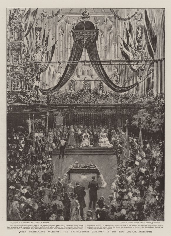 Dronning Wilhelminas tiltredelse, tronfølgeseremonien i den nye kirken, Amsterdam av William Hatherell