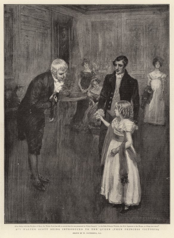 Sir Walter Scott blir introdusert for dronningen, deretter prinsesse Victoria av William Hatherell