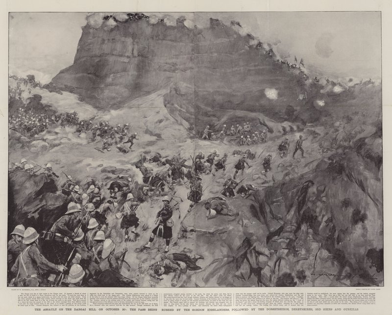 Angrepet på Dargai-høyden 20. oktober, passet ble forhastet av Gordon Highlanders, etterfulgt av Dorsetshires, Derbyshires, 3rd Sikhs og Gurkhas av William Hatherell