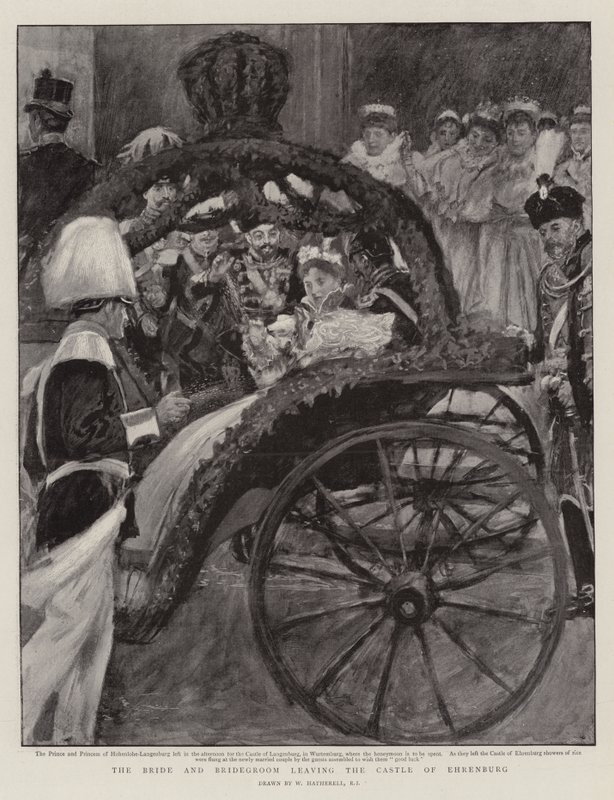 Bruden og brudgommen forlater slottet Ehrenburg av William Hatherell