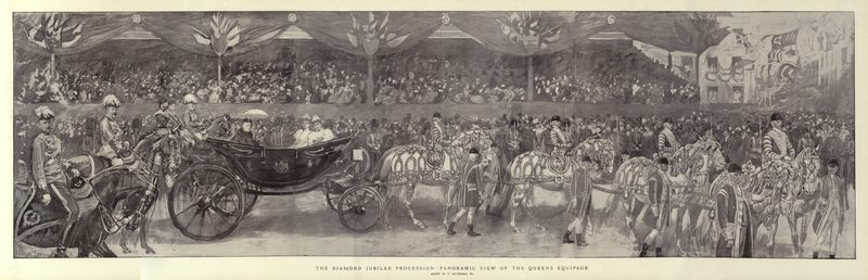 Diamond Jubilee Procession, panoramautsikt over Queens Equipage av William Hatherell