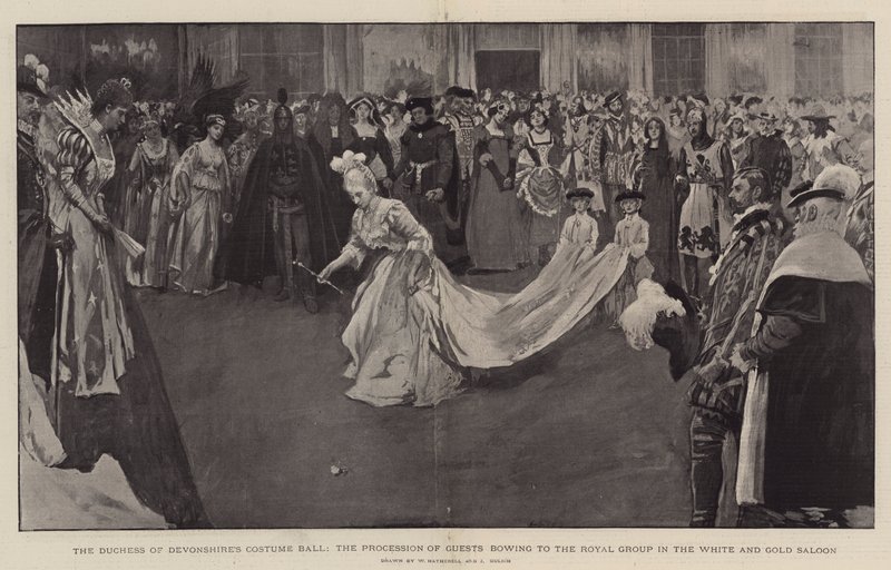 Hertuginnen av Devonshires kostymeball, prosesjonen av gjester som bøyer seg for Royal Group i White and Gold Saloon, 1897 av William Hatherell