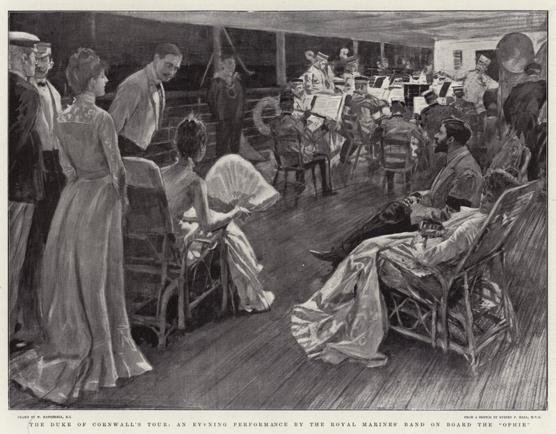 The Duke of Cornwall's Tour, en kveldsforestilling av Royal Marine's Band om bord på Ophir av William Hatherell