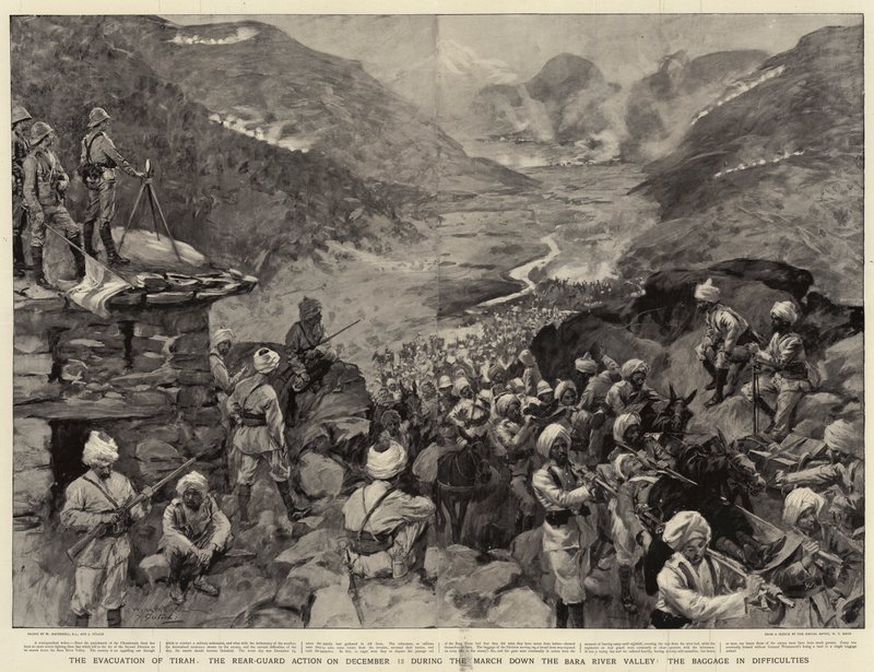 Evakueringen av Tirah, bakvaktaksjonen 13. desember under marsj nedover Bara River Valley, bagasjen i vanskeligheter av William Hatherell