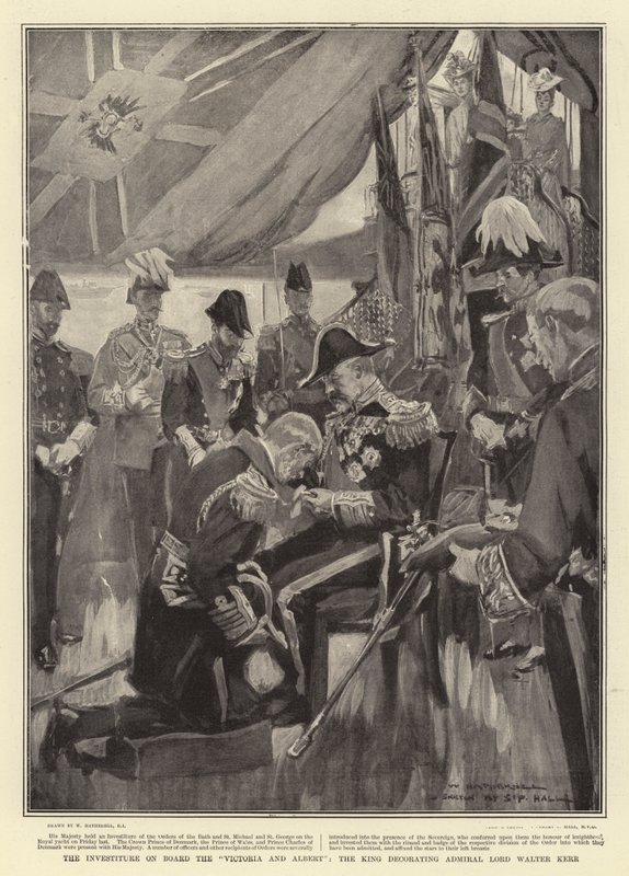 Investituren om bord på Victoria og Albert, kongen som dekorerte admiral Lord Walter Kerr av William Hatherell