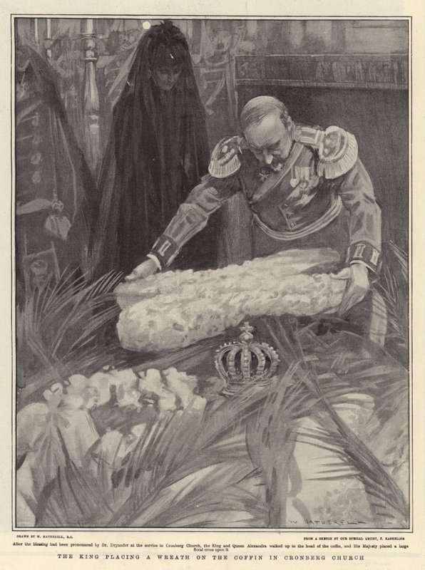Kongen legger en krans på kisten i Cronberg kirke av William Hatherell