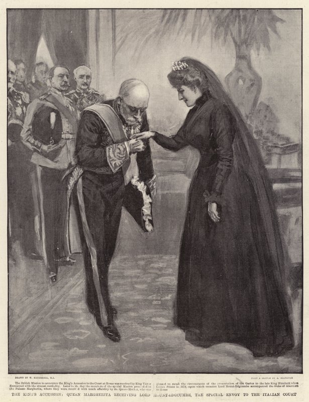 Kongens tiltredelse, dronning Margherita mottar Lord Mount-Edgcumbe, spesialutsendingen til det italienske hoffet av William Hatherell