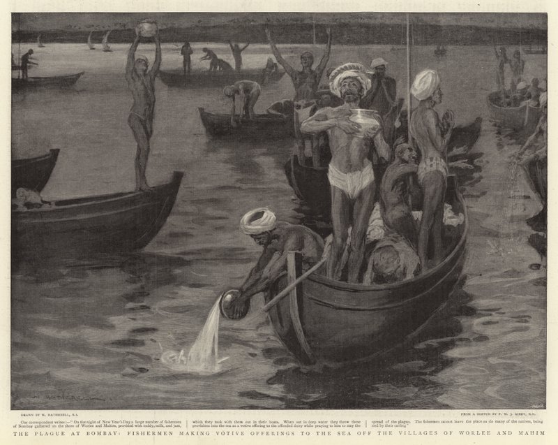 Pesten i Bombay, fiskere som gir votivoffer til havet utenfor landsbyene Worlee og Mahim av William Hatherell