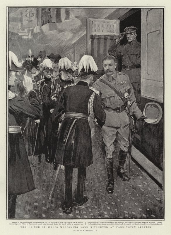 Prinsen av Wales ønsker Lord Kitchener velkommen på Paddington Station av William Hatherell