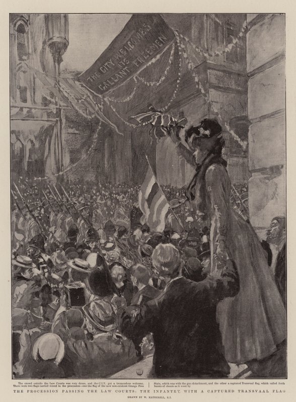Prosesjonen som passerte domstolene, infanteriet med et fanget Transvaal-flagg av William Hatherell
