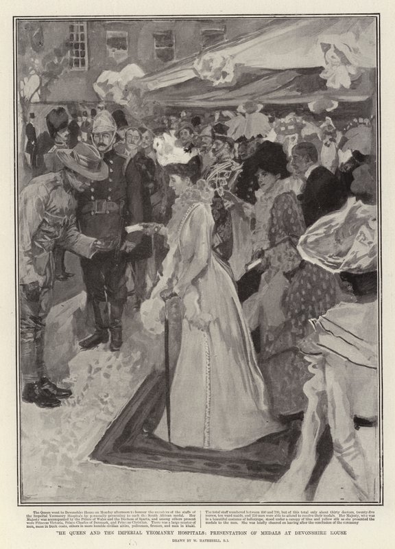 Dronningen og Imperial Yeomanry Hospitaler, presentasjon av medaljer i Devonshire House av William Hatherell
