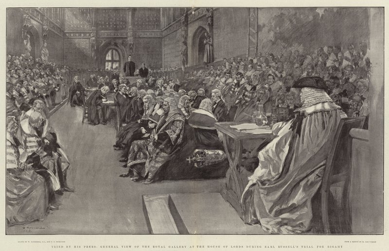 Prøvd av hans jevnaldrende, generell utsikt over Royal Gallery ved House of Lords under Earl Russells rettssak for Bigamy av William Hatherell