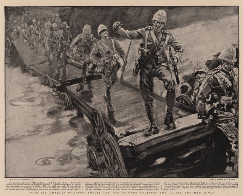 Med Sir Charles Warrens styrke krysser 11. brigade Little Bushman River av William Hatherell
