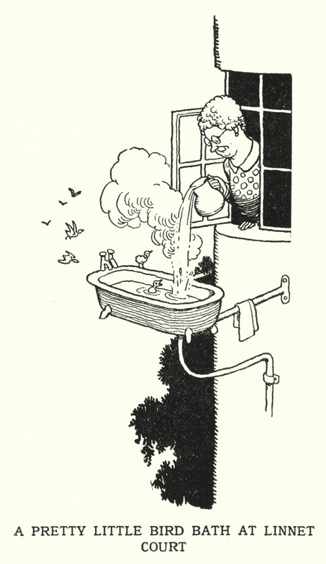Et ganske lite fuglebad ved Linnet Court (litho) av William Heath Robinson