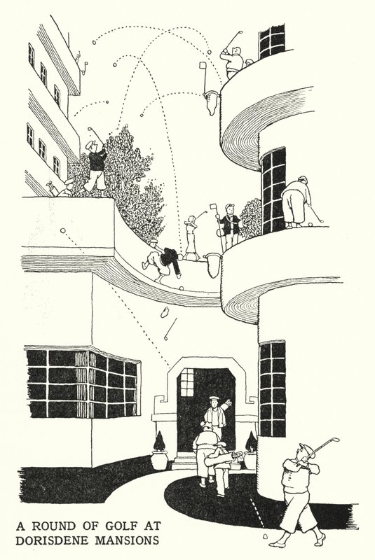 En runde golf på Dorisdene Mansions (litho) av William Heath Robinson