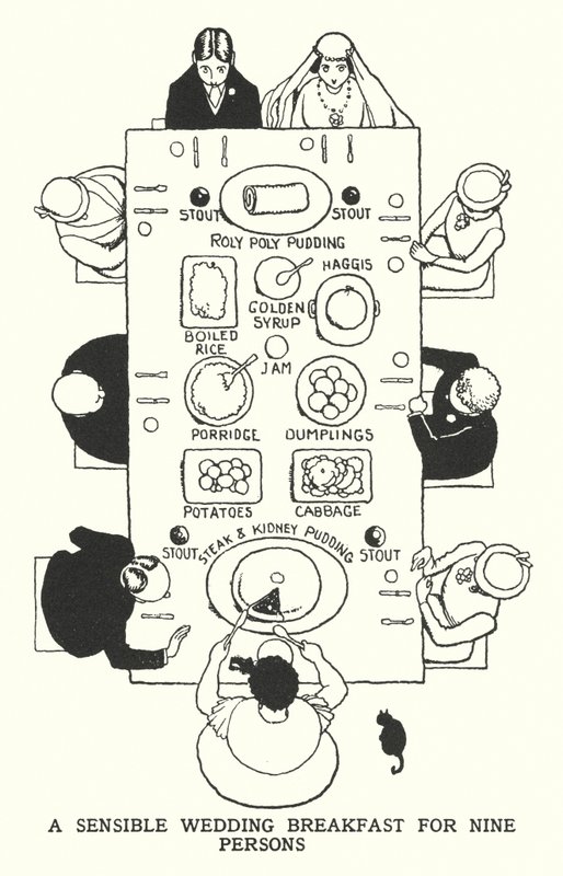 En fornuftig bryllupsfrokost for ni personer (litho) av William Heath Robinson