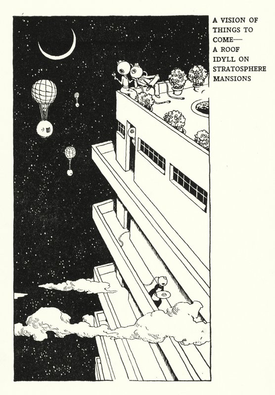 A Vision of Things to Come, A Roof Idyll on Stratosphere Mansions (litho) av William Heath Robinson