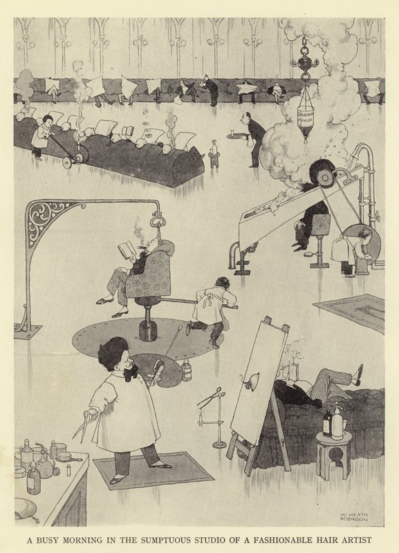 En travel morgen i det overdådige studioet til en fasjonabel hårkunstner av William Heath Robinson