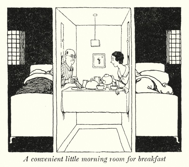 Et praktisk lite morgenrom for frokost (litho) av William Heath Robinson