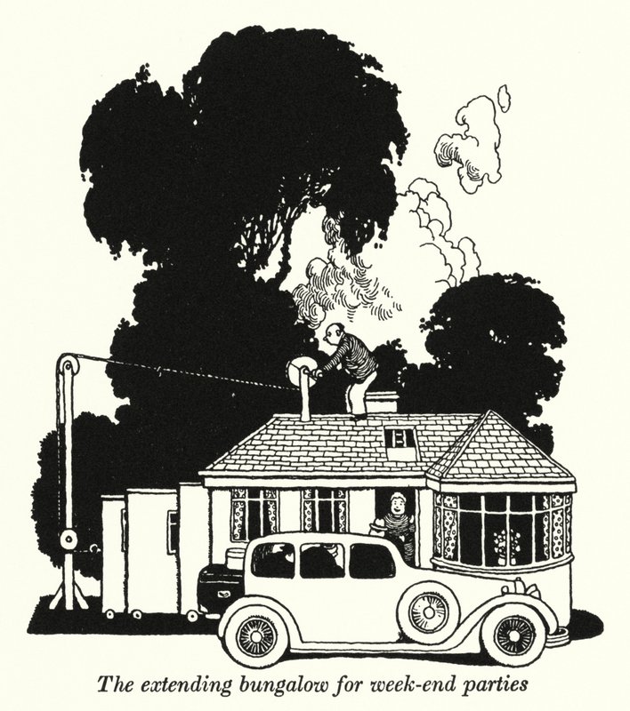 En utvidende bungalow for helgefester (litho) av William Heath Robinson
