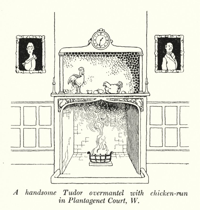 En kjekk Tudor-overmantel med hønsegård i Plantagenet Court, W (litho) av William Heath Robinson