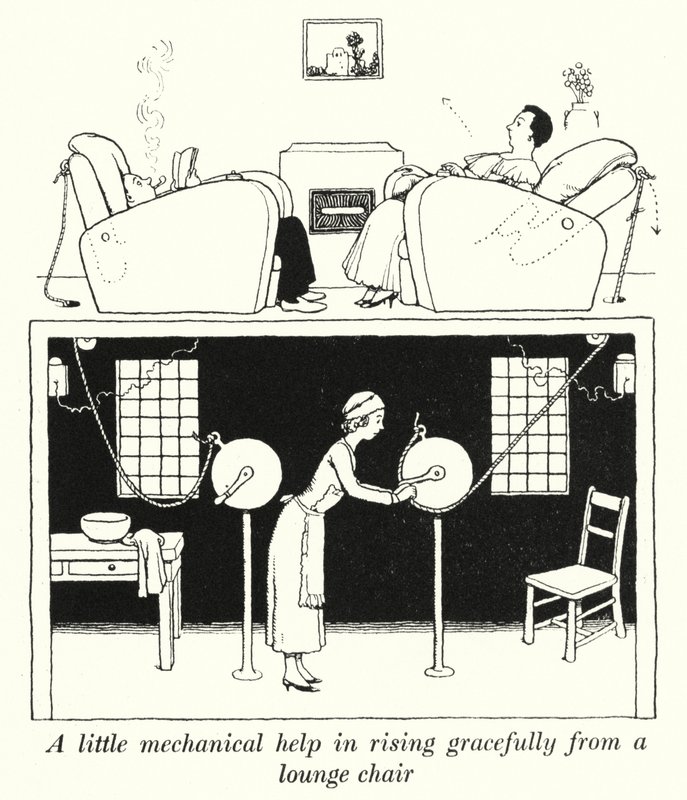 Litt mekanisk hjelp til å reise seg elegant fra en lenestol (litho) av William Heath Robinson