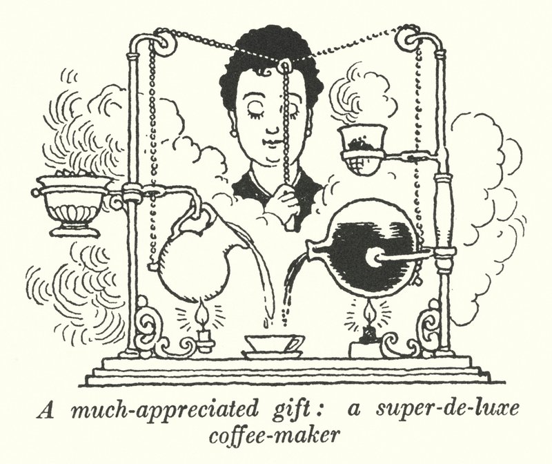 En mye verdsatt gave, en super-de-luxe kaffetrakter (litho) av William Heath Robinson
