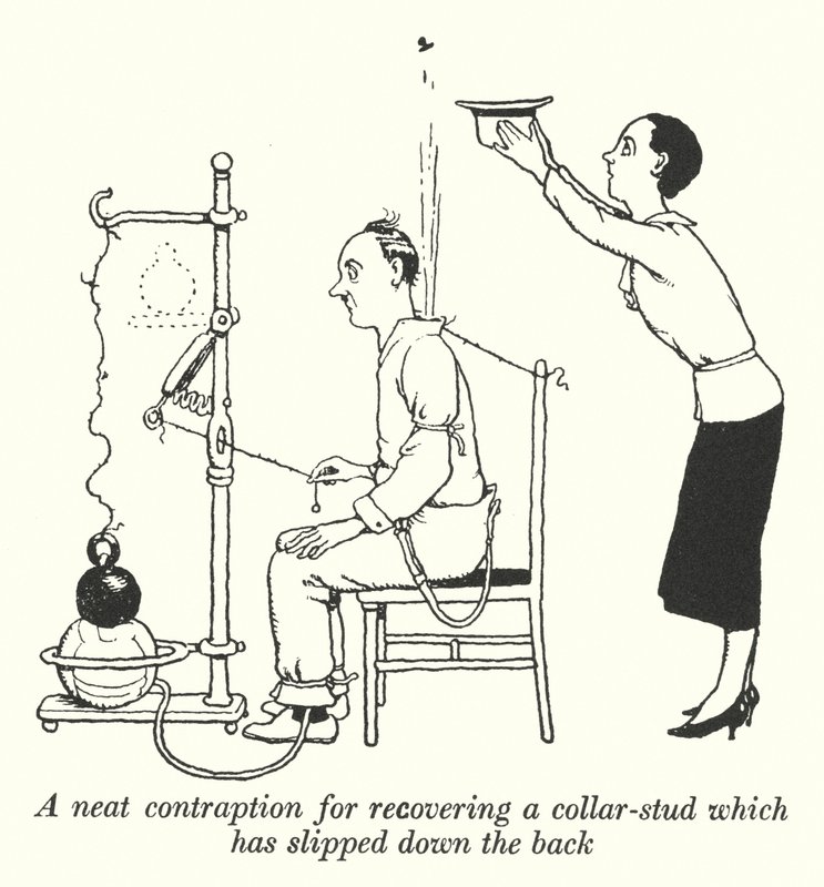 En pen innretning for å gjenopprette en krage-knap som har sklidd ned på ryggen (litho) av William Heath Robinson