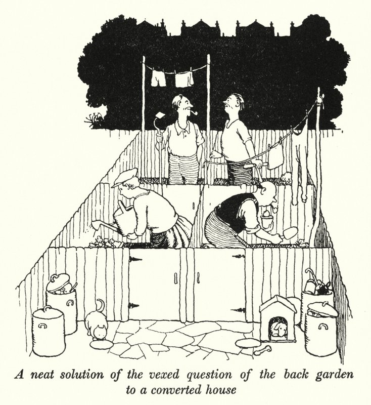 En pen løsning på det irriterende spørsmålet om bakhagen til et ombygd hus (litho) av William Heath Robinson