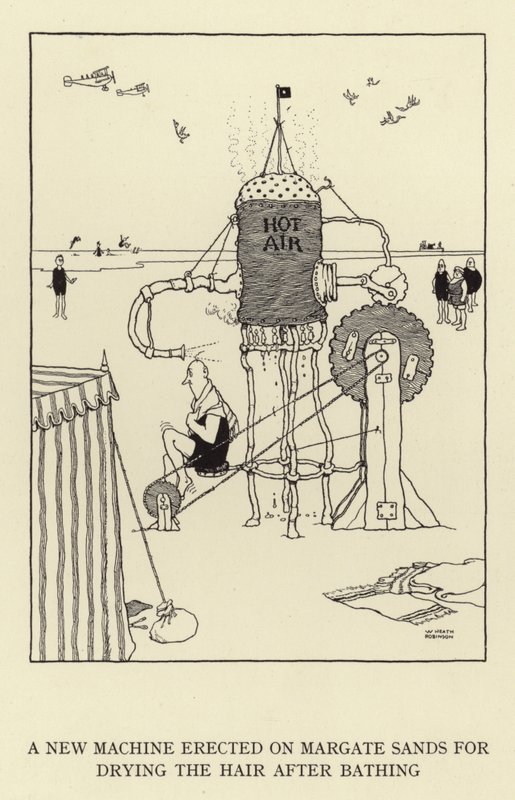 En ny maskin reist på Margate Sands for tørking av håret etter bading av William Heath Robinson
