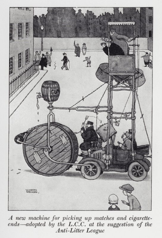 En ny maskin for å plukke opp fyrstikker og sigarettender adoptert av LCC etter forslag fra Anti-Litter League (litho) av William Heath Robinson