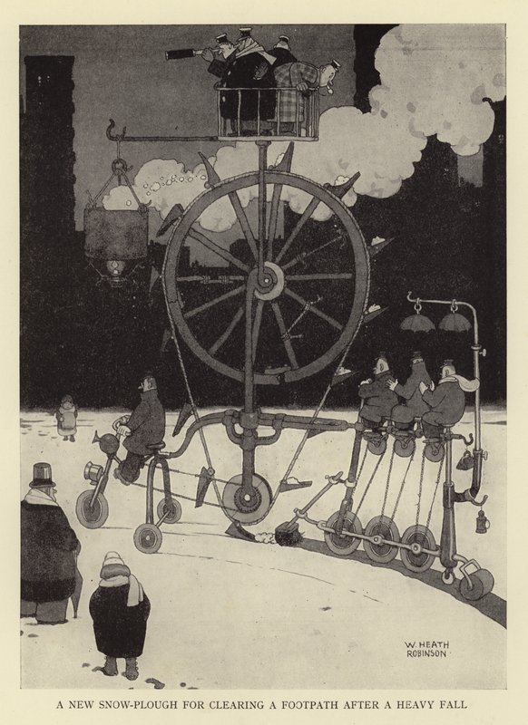 En ny snøplog for rydding av gangsti etter et kraftig fall av William Heath Robinson