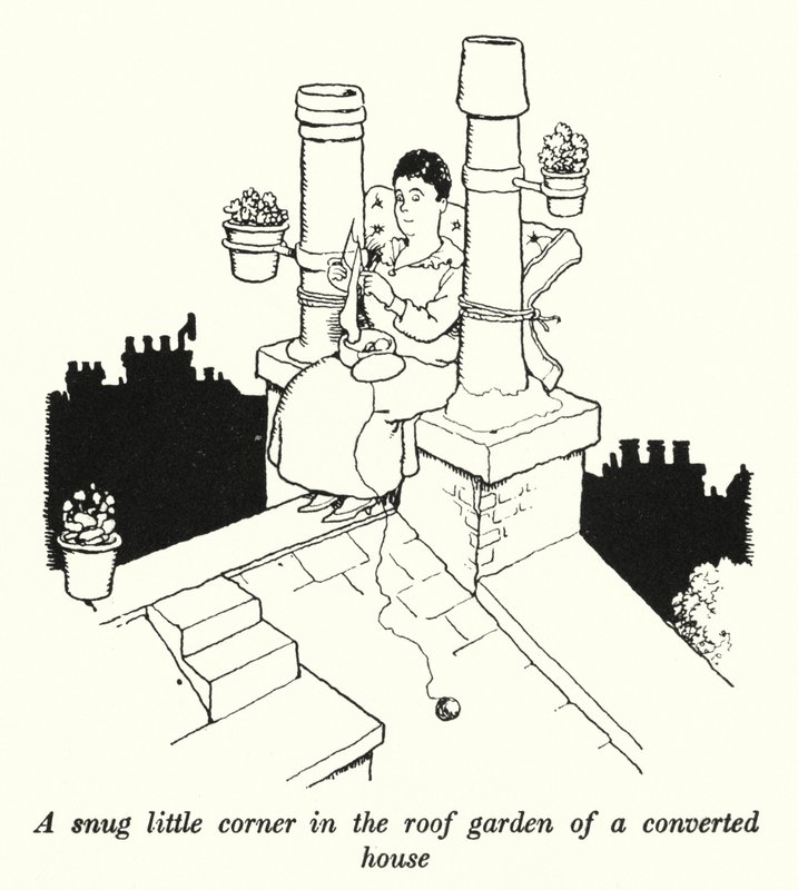 Et koselig lite hjørne i takhagen til et ombygd hus (litho) av William Heath Robinson