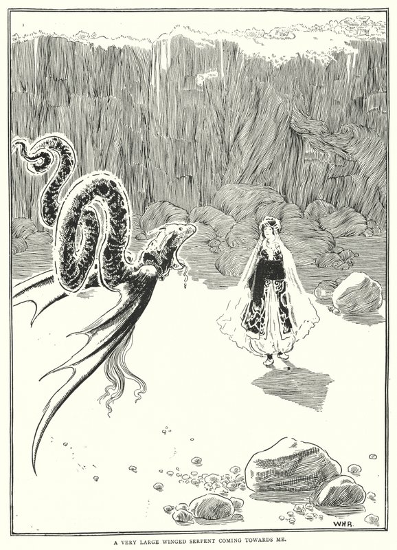 En veldig stor bevinget slange som kommer mot meg (gravering) av William Heath Robinson