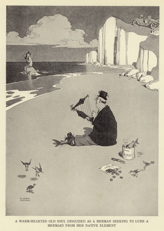 En varmhjertet gammel sjel forkledd som en havmann som søker å lokke en havfrue fra sitt hjemsted av William Heath Robinson