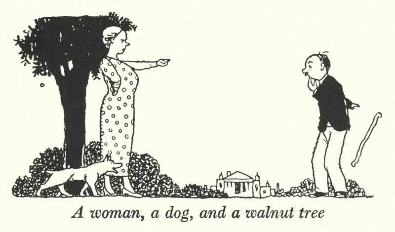 En kvinne, en hund og et valnøtttre (litho) av William Heath Robinson