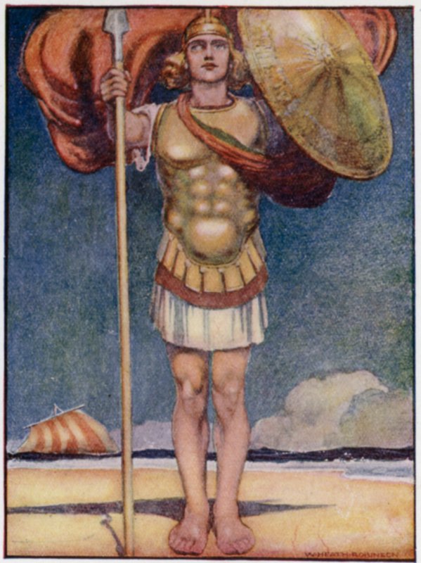 Akilles, den fløyeste av foten og den modigste av alle greske helter (farge litho) av William Heath Robinson