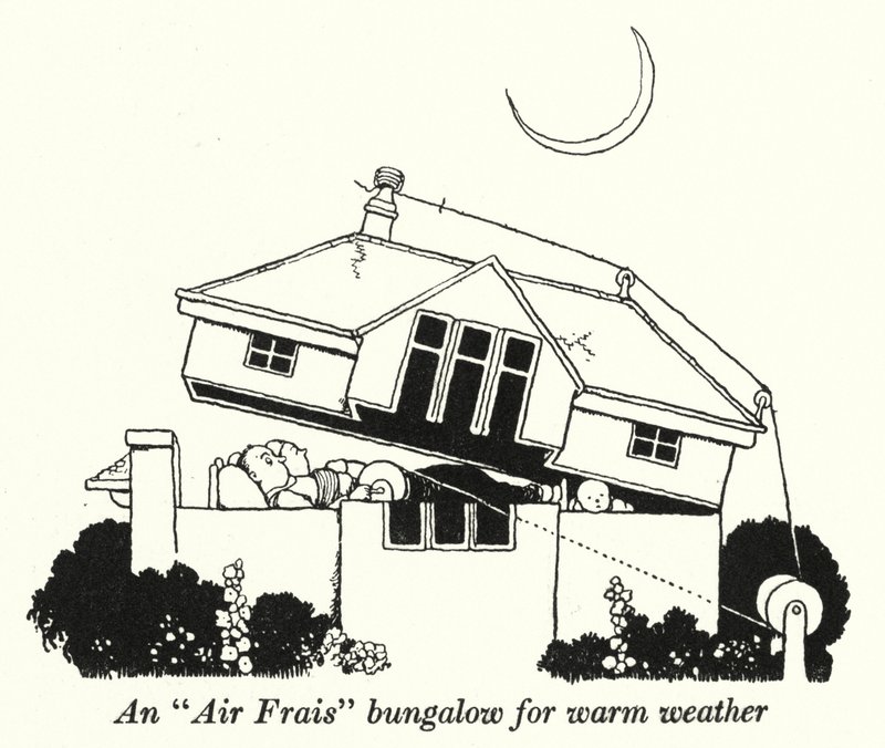En "Air Frais" bungalow for varmt vær (litho) av William Heath Robinson