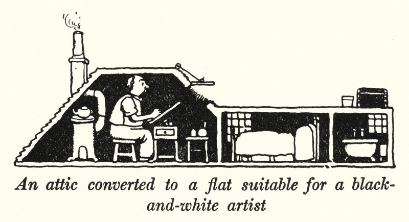 Et loft omgjort til en leilighet egnet for en svart-hvitt kunstner (litho) av William Heath Robinson