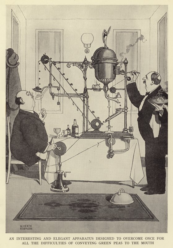 Et interessant og elegant apparat designet for en gang for alle å overvinne vanskelighetene med å formidle grønne erter til munnen av William Heath Robinson