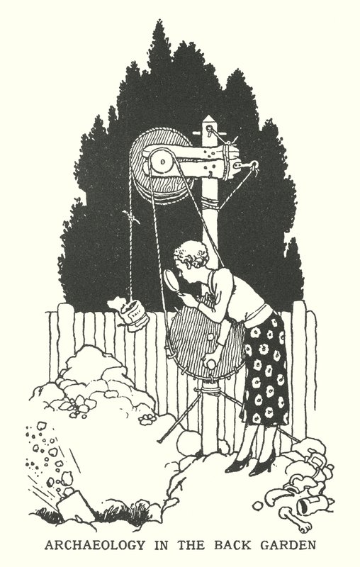 Arkeologi i bakhagen (litho) av William Heath Robinson